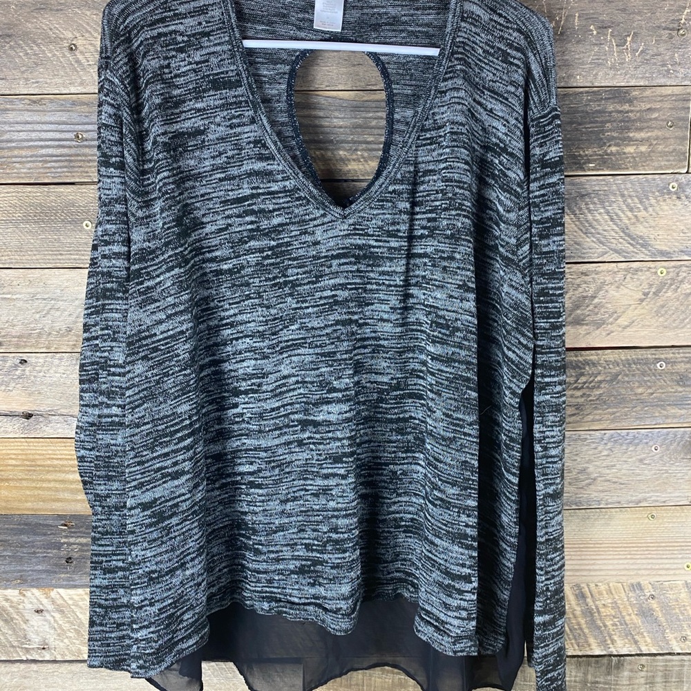 Deb Women's Sz 3X Gray Black Top Sheer Back With Cutout Long Sleeve High Low Hem